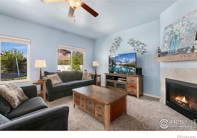 5664 Osbourne Dr, Windsor, CO 80550 - living room with a ceiling fan, a fireplace, carpet floors, and baseboards