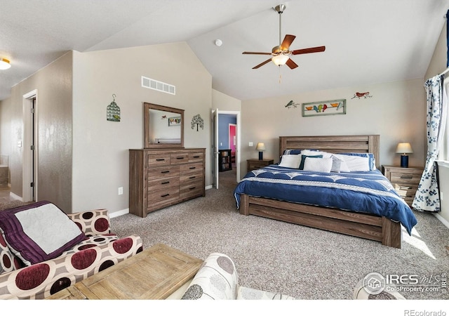 5664 Osbourne Dr, Windsor, CO 80550 - bedroom with carpet flooring, baseboards, high vaulted ceiling, and a ceiling fan
