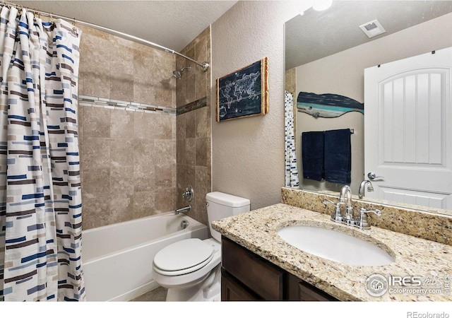 5664 Osbourne Dr, Windsor, CO 80550 - bathroom with shower / bath combination with curtain, toilet, vanity, a textured wall, and a textured ceiling