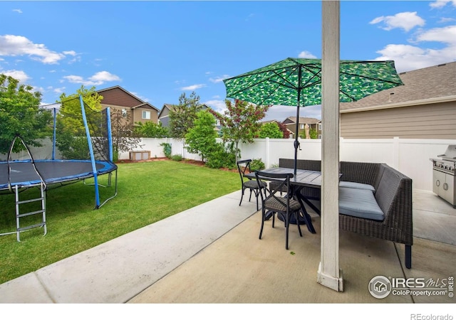 5664 Osbourne Dr, Windsor, CO 80550 - view of patio / terrace with outdoor dining space and a trampoline