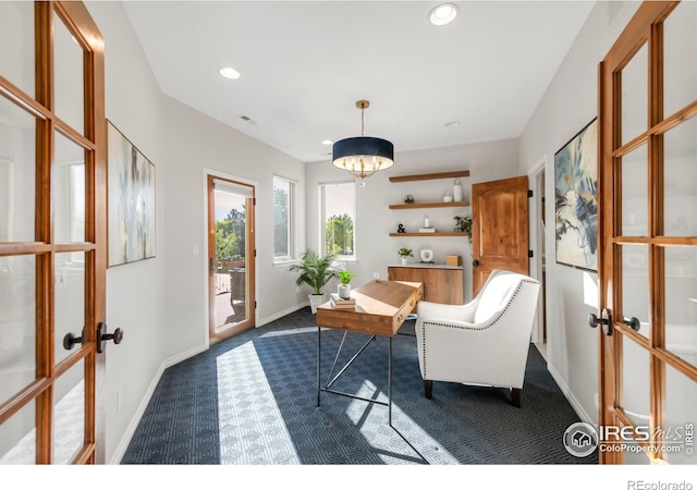 609 Corona Ct, Lafayette, CO 80026 - living room featuring french doors, dark colored carpet, baseboards, and recessed lighting
