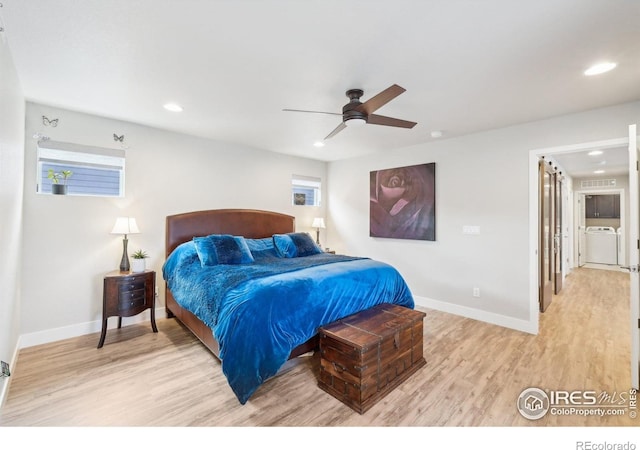 6211 Stable View St, Castle Pines, CO 80108 - bedroom featuring light wood finished floors, baseboards, recessed lighting, independent washer and dryer, and a ceiling fan