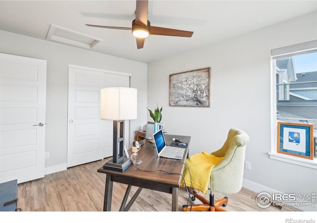6211 Stable View St, Castle Pines, CO 80108 - home office featuring attic access, wood finished floors, baseboards, and a ceiling fan