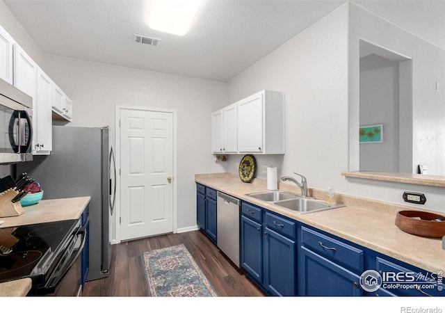 4451 S Ammons St Unit 307, Littleton, CO 80123 - kitchen featuring stainless steel appliances, blue cabinetry, a sink, and white cabinets
