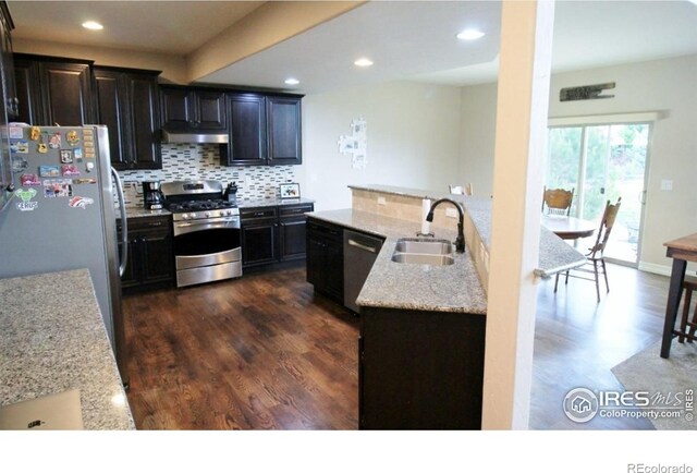 3106 Megan Way, Berthoud, CO 80513 - kitchen featuring stainless steel appliances, a sink, under cabinet range hood, decorative backsplash, and dark wood-style flooring