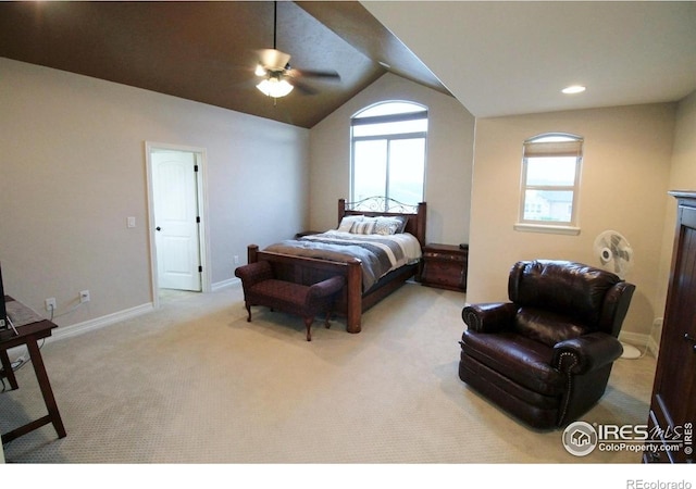 3106 Megan Way, Berthoud, CO 80513 - carpeted bedroom with vaulted ceiling, baseboards, and a ceiling fan