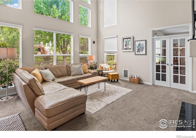 23570 E Holly Hills Way, Parker, CO 80138 - carpeted living area featuring healthy amount of natural light, a towering ceiling, french doors, and baseboards