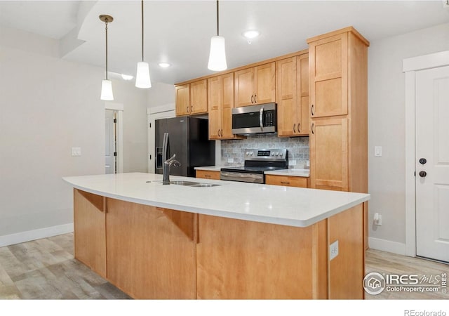 4672 Hahns Peak Dr Unit 101, Loveland, CO 80538 - kitchen with appliances with stainless steel finishes, a sink, light wood-style flooring, backsplash, and recessed lighting