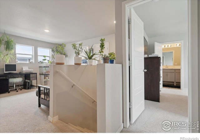 608 Apex Trl, Ault, CO 80610 - hallway with carpet floors, an upstairs landing, and an office area