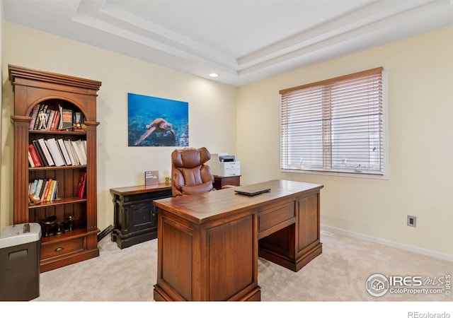 4094 Bimini Ct, Boulder, CO 80301 - office with light colored carpet, a tray ceiling, recessed lighting, and baseboards