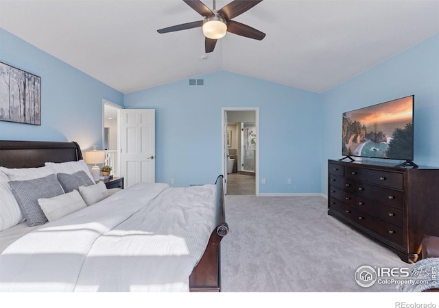 4094 Bimini Ct, Boulder, CO 80301 - carpeted bedroom with vaulted ceiling, a ceiling fan, baseboards, and ensuite bathroom