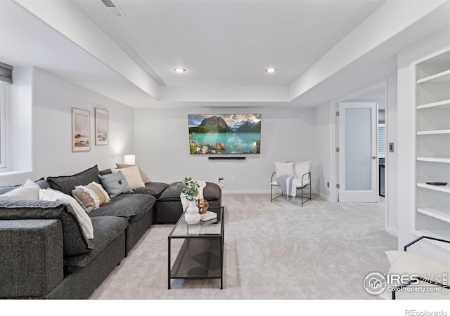 4094 Bimini Ct, Boulder, CO 80301 - carpeted living room with baseboards, a raised ceiling, and recessed lighting