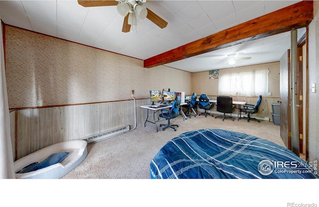 8208 Peakview Dr, Fort Collins, CO 80528 - bedroom featuring carpet floors, a wainscoted wall, a baseboard heating unit, wallpapered walls, and wooden walls