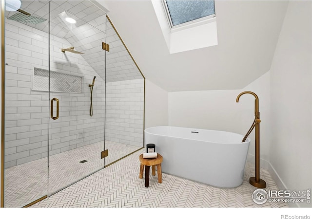2434 Mapleton Ave, Boulder, CO 80304 - full bath featuring a freestanding bath, vaulted ceiling, a stall shower, a skylight, and baseboards