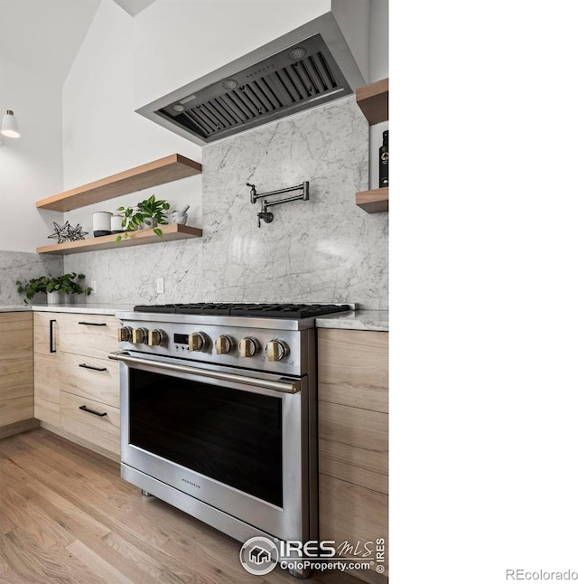 2434 Mapleton Ave, Boulder, CO 80304 - kitchen featuring stainless steel range, open shelves, modern cabinets, and range hood
