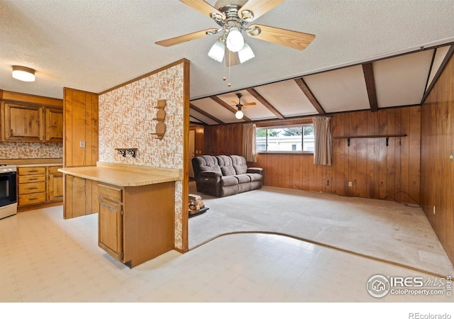 1155 Caroline Ct, Loveland, CO 80537 - kitchen featuring light colored carpet, brown cabinetry, wood walls, light countertops, and range with electric cooktop