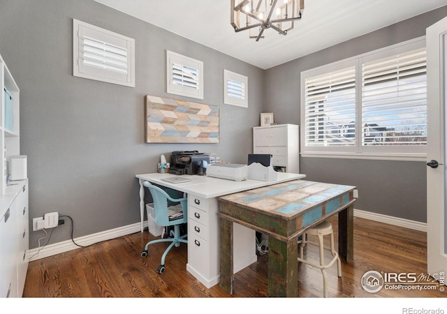 6434 Cloudburst Ave, Timnath, CO 80547 - office space with a chandelier, wood finished floors, and baseboards
