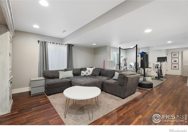 6434 Cloudburst Ave, Timnath, CO 80547 - living room featuring dark wood-style floors, baseboards, and recessed lighting