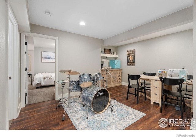 6434 Cloudburst Ave, Timnath, CO 80547 - home office featuring dark wood-style floors, recessed lighting, and baseboards