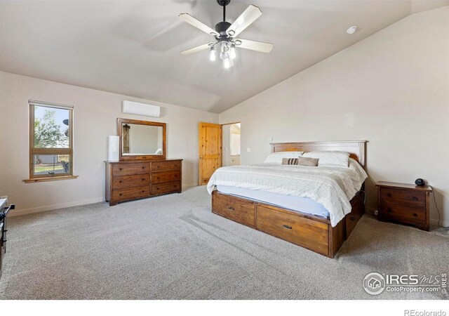 33820 County Road 47, Greeley, CO 80631 - carpeted bedroom with vaulted ceiling, a ceiling fan, an AC wall unit, and baseboards