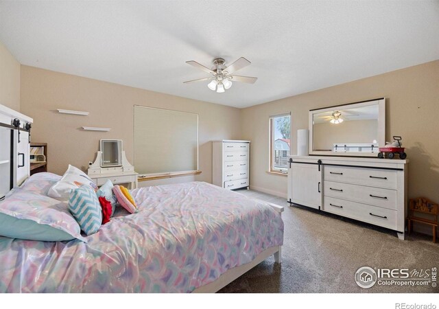 33820 County Road 47, Greeley, CO 80631 - carpeted bedroom featuring a barn door and a ceiling fan