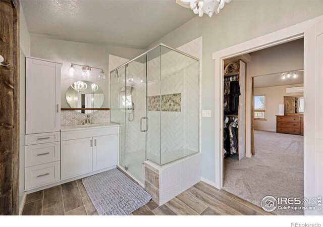 33820 County Road 47, Greeley, CO 80631 - bathroom featuring wood finished floors, vanity, a stall shower, a walk in closet, and tasteful backsplash