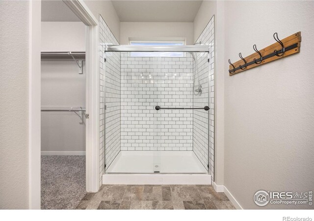 3925 Buckthorn St, Wellington, CO 80549 - bathroom with a shower stall, a walk in closet, and baseboards