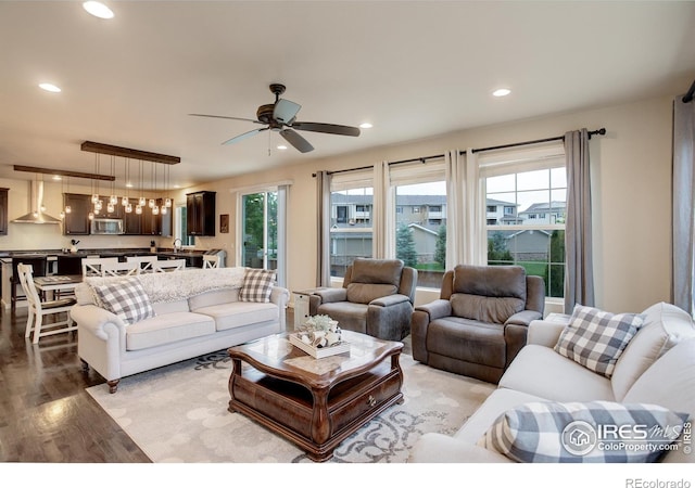 6356 Twilight Ave, Firestone, CO 80504 - living room with wood finished floors, recessed lighting, and ceiling fan