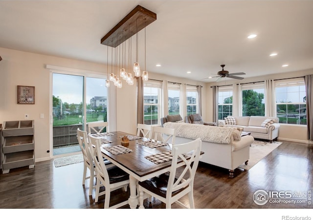 6356 Twilight Ave, Firestone, CO 80504 - dining room with dark wood-type flooring, ceiling fan, recessed lighting, and baseboards