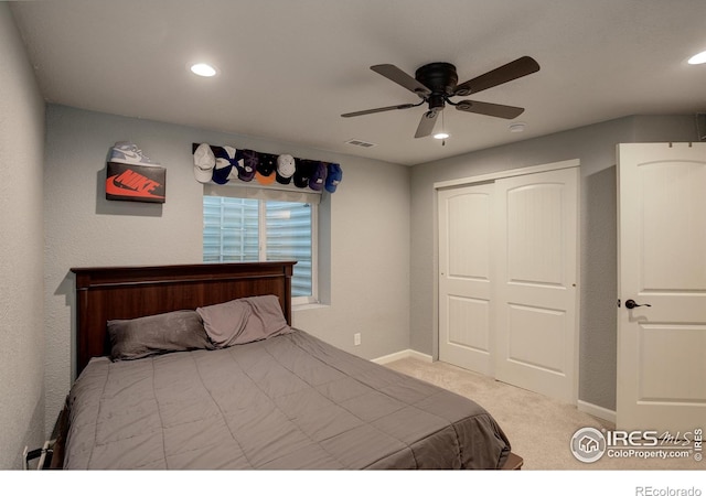 6356 Twilight Ave, Firestone, CO 80504 - bedroom featuring carpet flooring, a closet, recessed lighting, baseboards, and ceiling fan