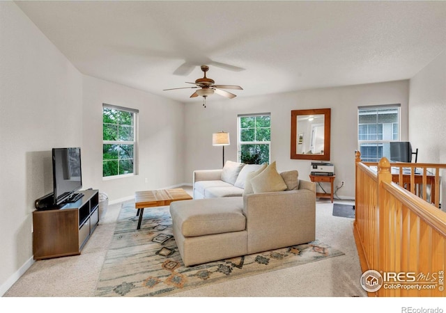 13255 Red Deer Trl, Broomfield, CO 80020 - living room with ceiling fan, healthy amount of natural light, carpet, and baseboards