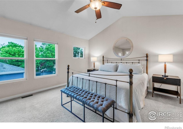 13255 Red Deer Trl, Broomfield, CO 80020 - bedroom with carpet, baseboards, vaulted ceiling, and a ceiling fan
