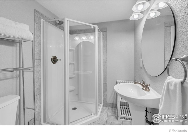 13255 Red Deer Trl, Broomfield, CO 80020 - full bathroom with a shower stall, toilet, and a textured wall