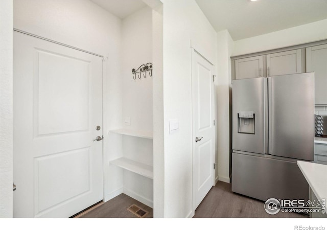 1800 Vantage Pkwy, Berthoud, CO 80513 - kitchen featuring stainless steel fridge, gray cabinets, wood finished floors, and light countertops