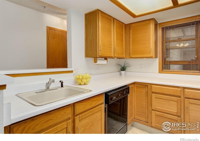 2800 Sundown Ln Unit 109, Boulder, CO 80303 - kitchen with dishwasher, a sink, light countertops, brown cabinetry, and light tile patterned flooring