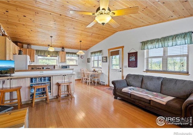 251 Huron Rd, Red Feather Lakes, CO 80545 - living room with lofted ceiling, wooden ceiling, light wood-style floors, a ceiling fan, and a baseboard heating unit