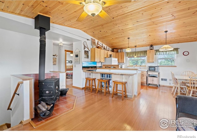 251 Huron Rd, Red Feather Lakes, CO 80545 - kitchen featuring wood ceiling, stainless steel microwave, a wood stove, a ceiling fan, and vaulted ceiling