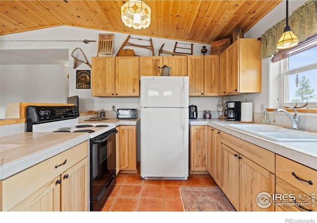 251 Huron Rd, Red Feather Lakes, CO 80545 - kitchen with freestanding refrigerator, range with electric stovetop, wooden ceiling, a sink, and lofted ceiling