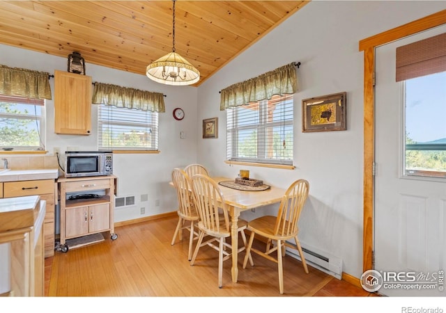251 Huron Rd, Red Feather Lakes, CO 80545 - dining space featuring a baseboard radiator, lofted ceiling, wooden ceiling, baseboards, and light wood-type flooring