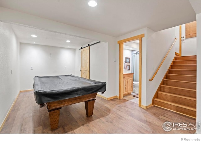 251 Huron Rd, Red Feather Lakes, CO 80545 - rec room featuring a barn door, light wood-type flooring, baseboards, recessed lighting, and billiards table