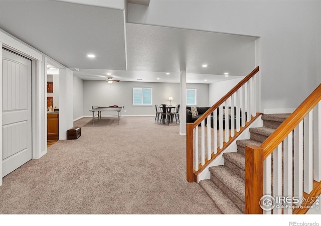 1954 Raindrop Dr, Windsor, CO 80550 - recreation room featuring carpet, baseboards, recessed lighting, and a ceiling fan