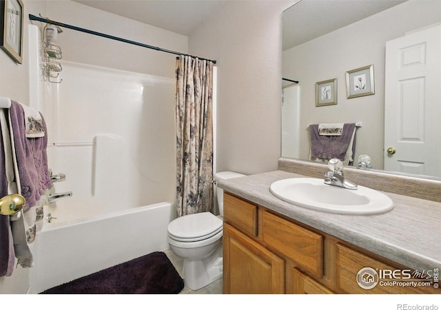 3006 54th Ave, Greeley, CO 80634 - bathroom featuring vanity, shower / tub combo with curtain, toilet, and tile patterned floors
