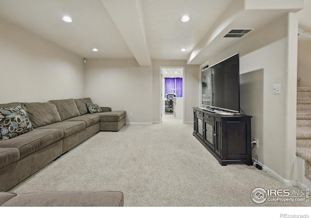3006 54th Ave, Greeley, CO 80634 - carpeted living room with stairway, baseboards, and recessed lighting