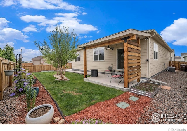 926 Birchdale Ct, Windsor, CO 80550 - rear view of house with a patio, a ceiling fan, and central AC