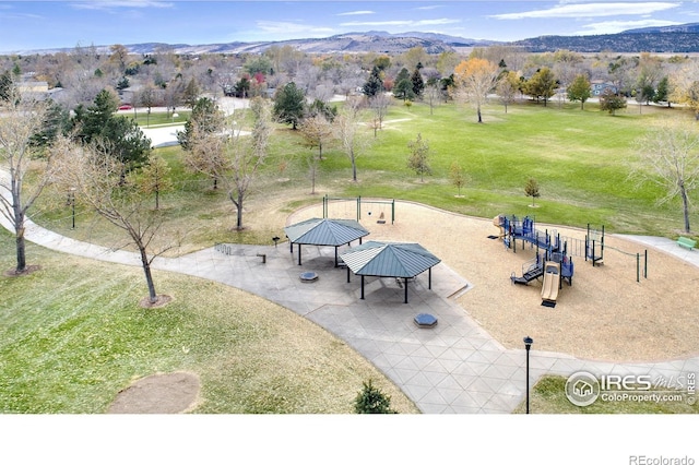 3301 Downing Ct, Fort Collins, CO 80526 - surrounding community with a gazebo, a mountain view, and a yard
