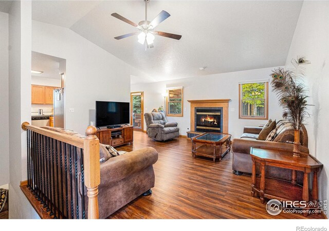 209 N 44th Avenue Ct, Greeley, CO 80634 - living room featuring wood finished floors, lofted ceiling, a ceiling fan, and a glass covered fireplace