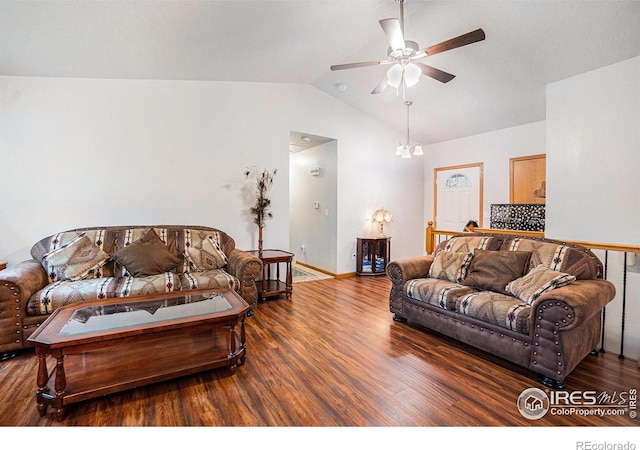 209 N 44th Avenue Ct, Greeley, CO 80634 - living room with wood finished floors, a ceiling fan, lofted ceiling, and baseboards