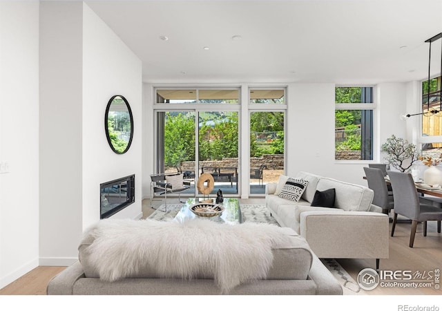 3335 Broadway St, Boulder, CO 80304 - living area featuring wood finished floors, a glass covered fireplace, floor to ceiling windows, and baseboards