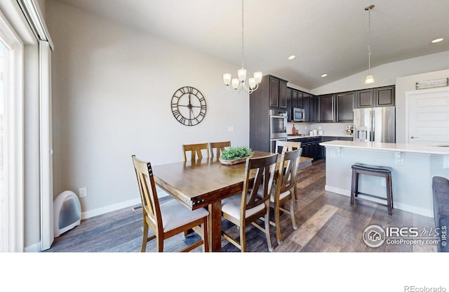1384 Copeland Falls Rd, Severance, CO 80550 - dining space with dark wood-type flooring, vaulted ceiling, a chandelier, baseboards, and recessed lighting