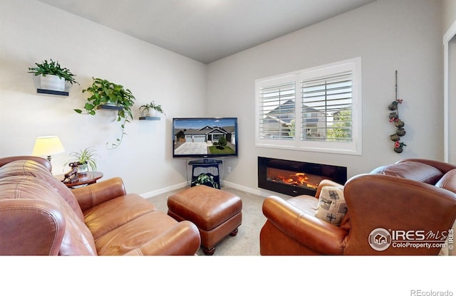 1384 Copeland Falls Rd, Severance, CO 80550 - living area with carpet flooring, baseboards, and a glass covered fireplace